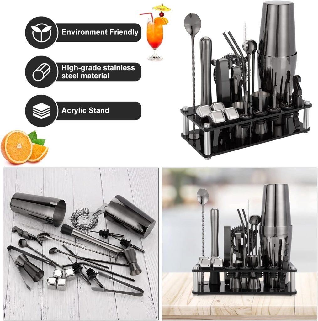 Cocktail Shaker Set, 23-Piece Boston Stainless Steel Bartender Kit with Acrylic Stand  Cocktail Recipes Booklet, Professional Bar Tools for Drink Mixing, Home, Bar, Party (Include 4 Whiskey Stones)