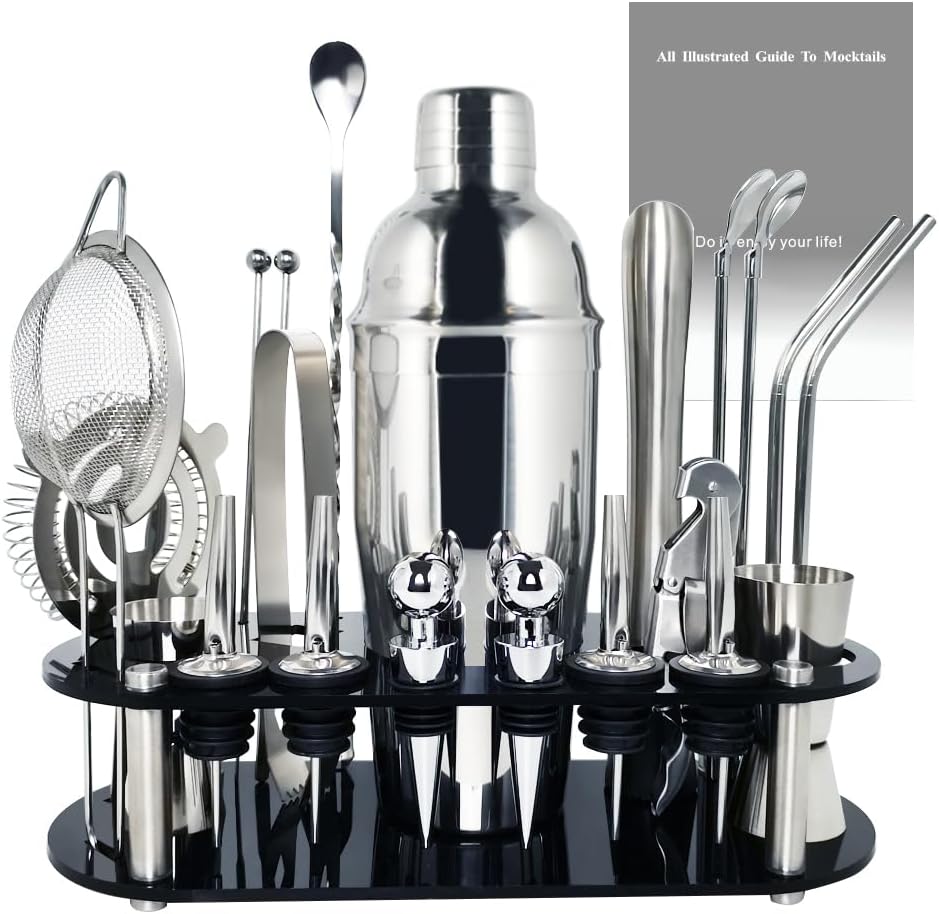 Cocktail Shaker Set, 24oz Cocktail Shaker 21-Piece Stainless Steel Bar Tools Bartending Kit with Black Acrylic Stand Cocktail Recipes Booklet for Drink Mixing, Home, Bar, Party