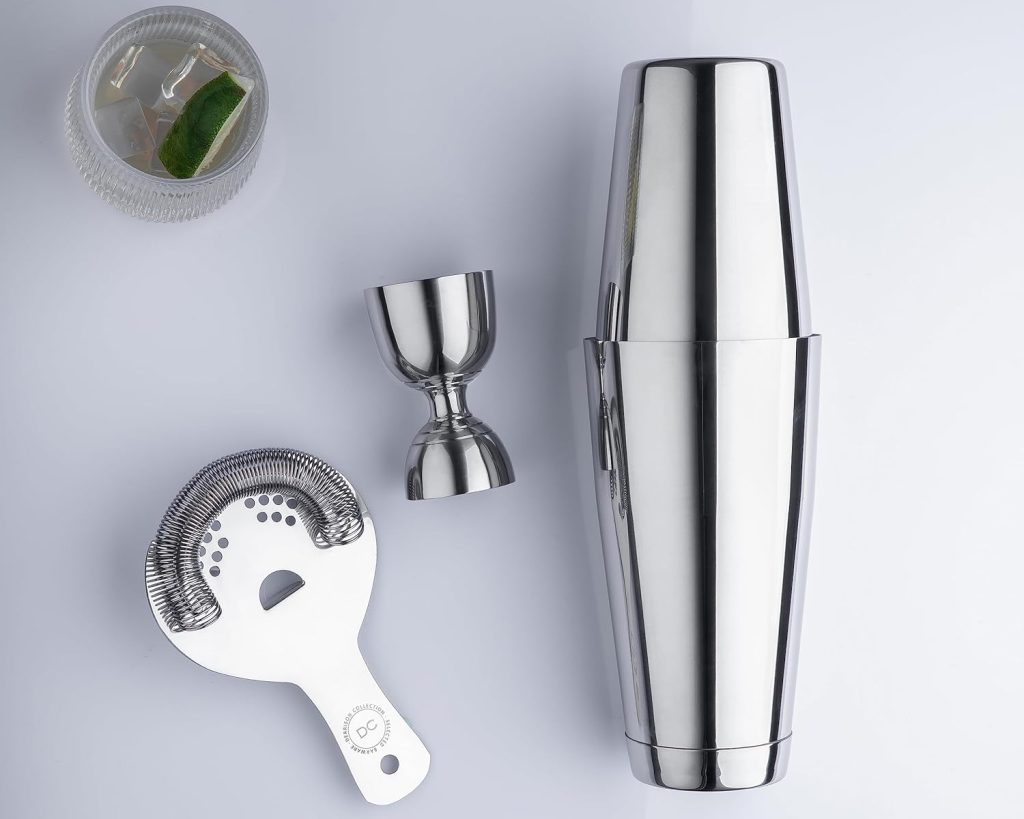 Derrison Premium Boston Shaker Set: Two-Piece Weighted and Unweighted Boston Shaker with Hawthorne Strainer and Bell Jigger, 18/28oz Stainless Steel Martini Drink Shaker, Heavy Duty Metal