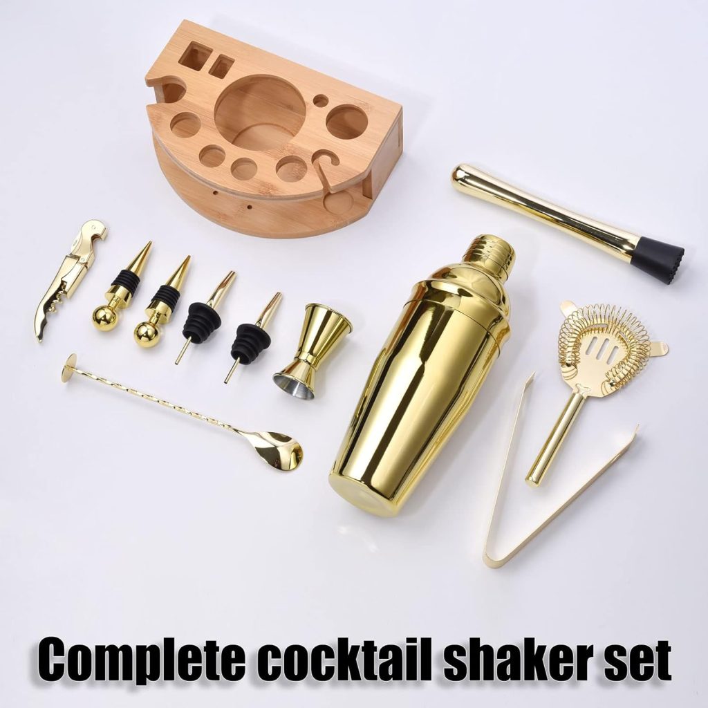 Esmula Bartender Kit with Stylish Bamboo Stand, 12 Piece 25oz Cocktail Shaker Set for Mixed Drink, Professional Stainless Steel Bar Tool Set, Gift for Man Dad- Cocktail Recipes Booklet