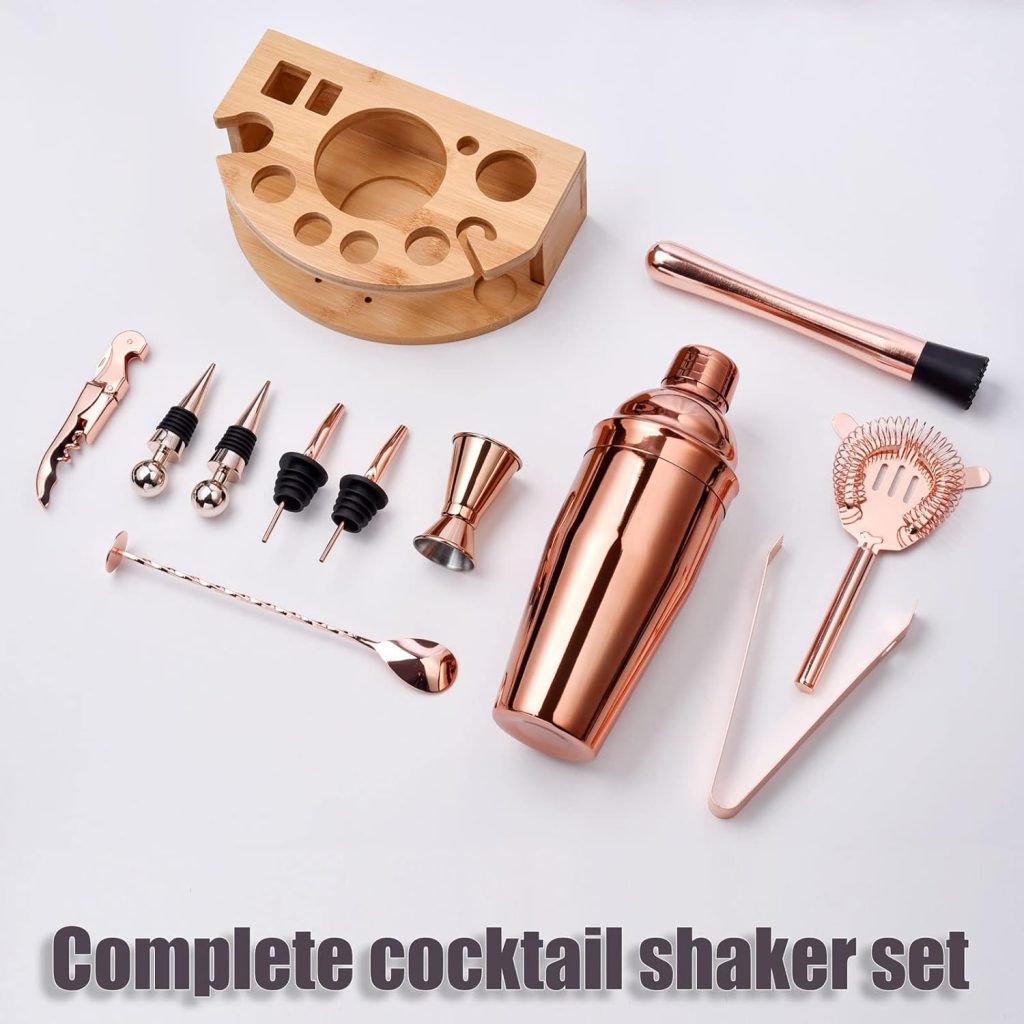 Esmula Bartender Kit with Stylish Bamboo Stand, 12 Piece 25oz Cocktail Shaker Set for Mixed Drink, Professional Stainless Steel Bar Tool Set, Gift for Man Dad- Cocktail Recipes Booklet