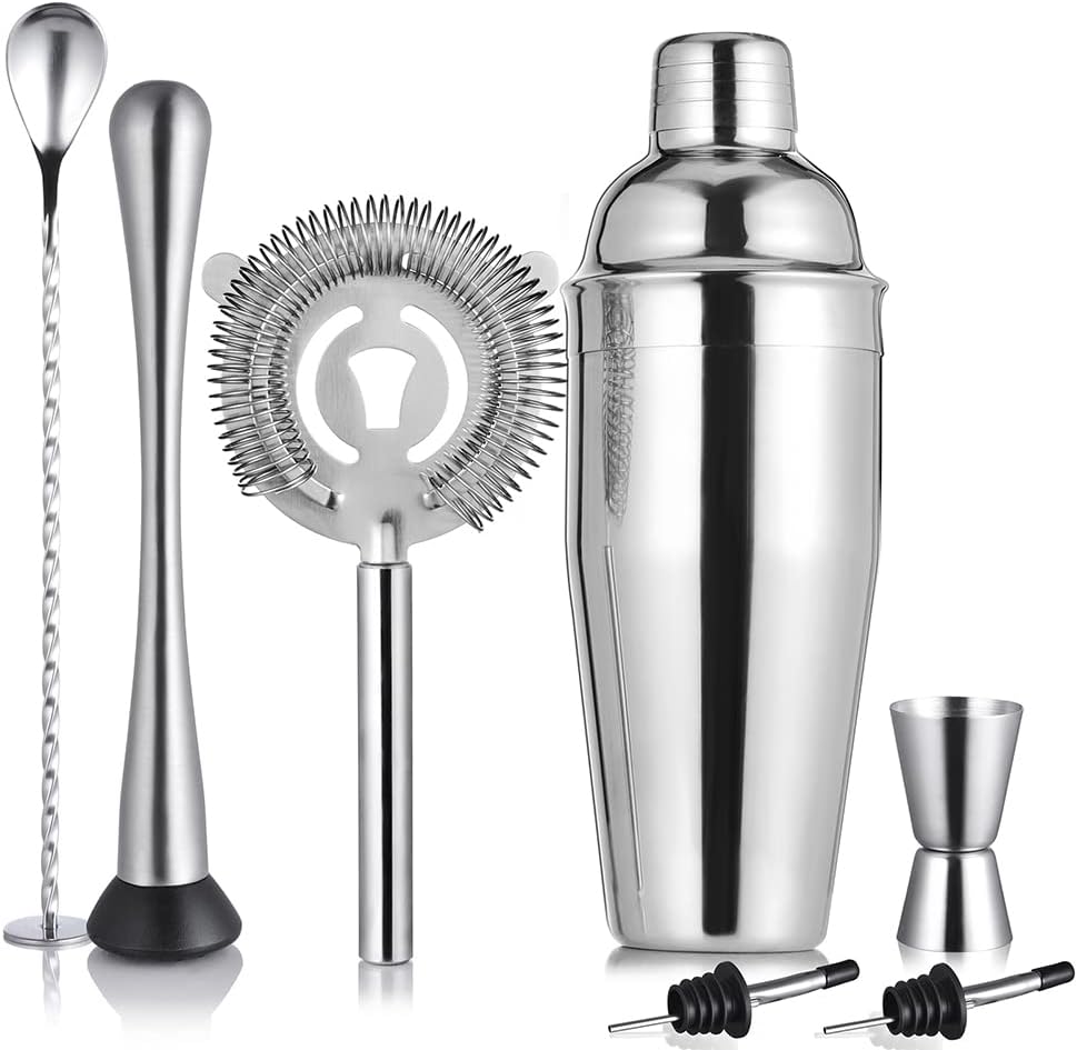 ETENS Cocktail Shaker Set Stainless Steel  Bar Set, Bartender Kit Mixology Drink Mixer, Bartending Tools Gifts: Martini Shaker 24oz, Muddler, Strainer, Measuring Jigger, Alcohol Pourer, Mixing Spoon