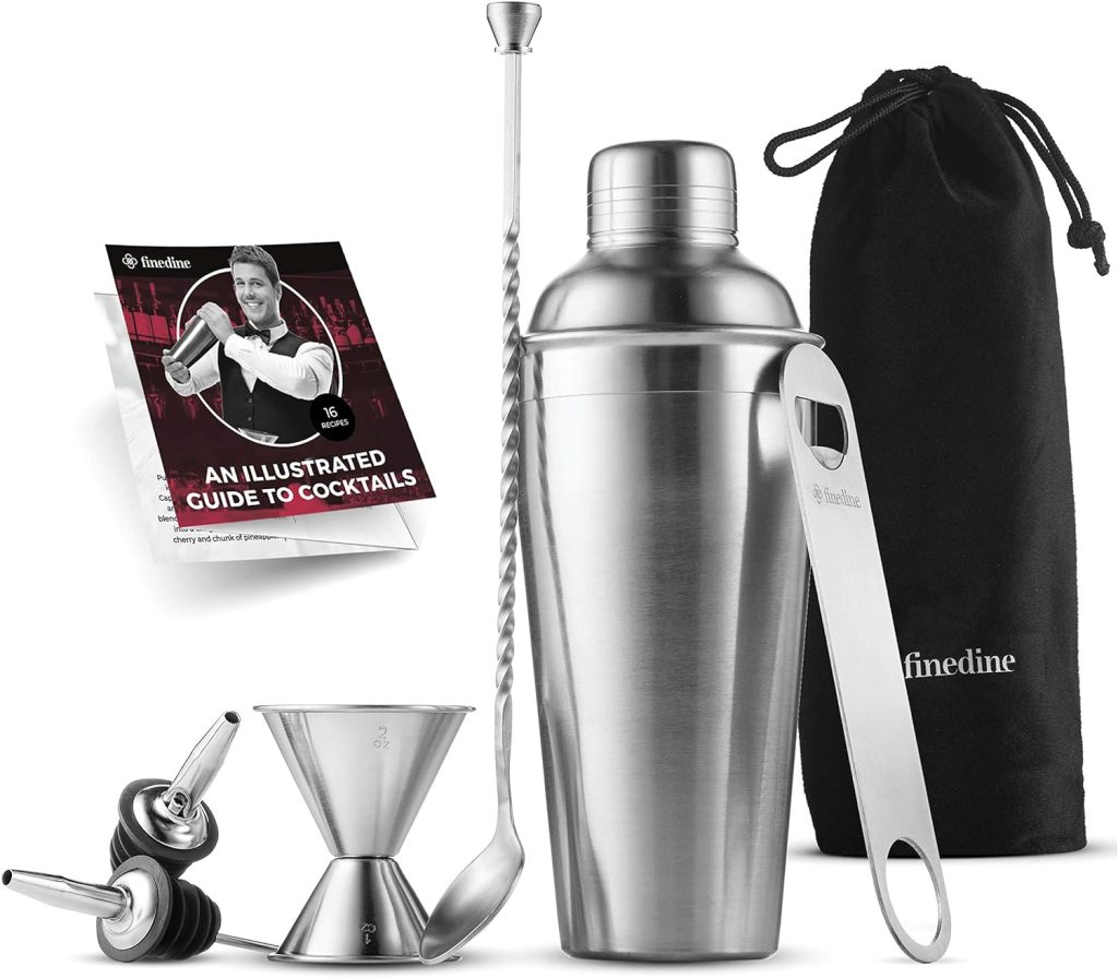 Expert Cocktail Shaker Home Bar Set - 14 Piece Stainless Steel Bar Tools Kit with Shaking Tins, Flat Bottle Opener, Double Bar Jigger, Hawthorne Strainer, Shot Glasses, Bar Spoon, and 6 Pour Spouts.