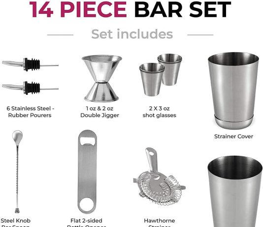 expert cocktail shaker home bar set 14 piece stainless steel bar tools kit with shaking tins flat bottle opener double b 3