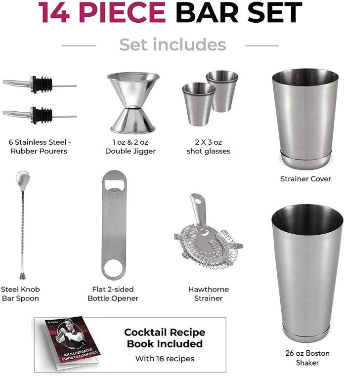 expert cocktail shaker home bar set 14 piece stainless steel bar tools kit with shaking tins flat bottle opener double b 3