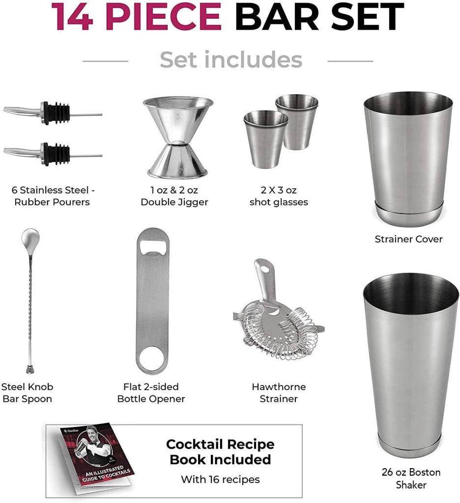 Expert Cocktail Shaker Home Bar Set - 14 Piece Stainless Steel Bar Tools Kit with Shaking Tins, Flat Bottle Opener, Double Bar Jigger, Hawthorne Strainer, Shot Glasses, Bar Spoon, and 6 Pour Spouts.