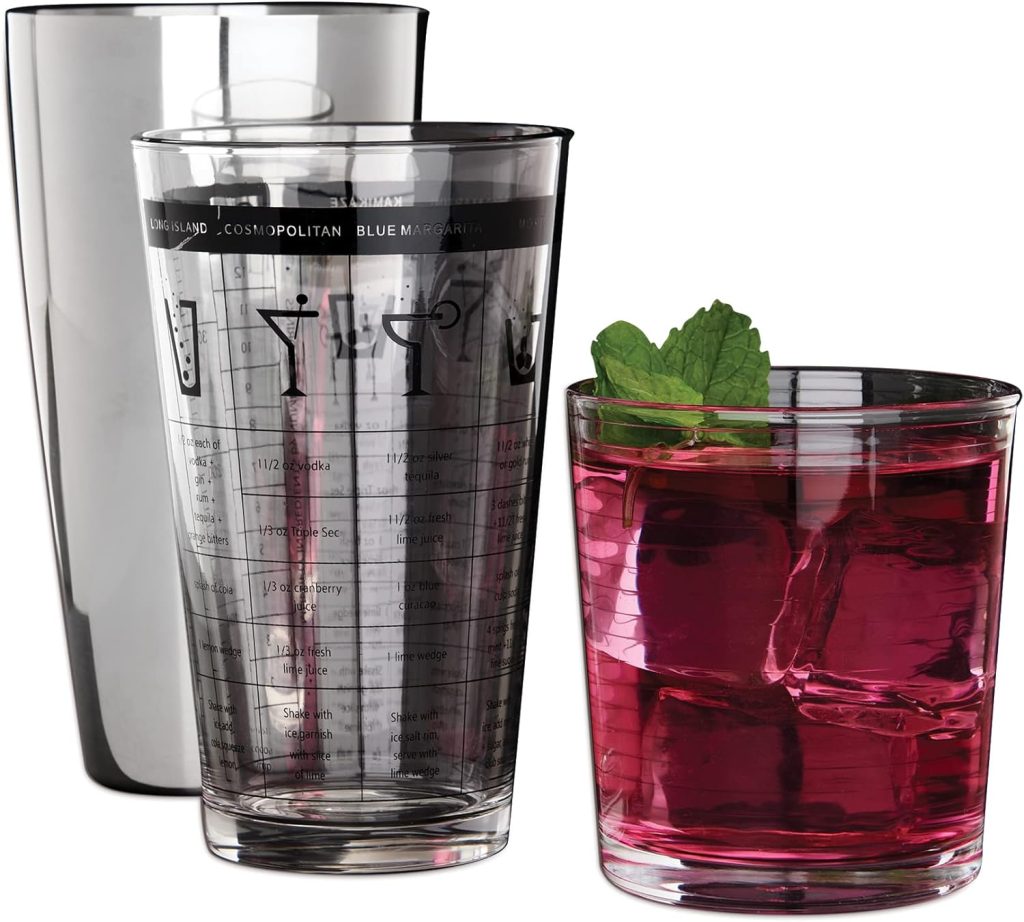 HIC Kitchen Bar Boston Cocktail Shaker and Mixer Glass Set with 7 Printed Recipes, Borosilicate Glass and 18/8 Stainless Steel