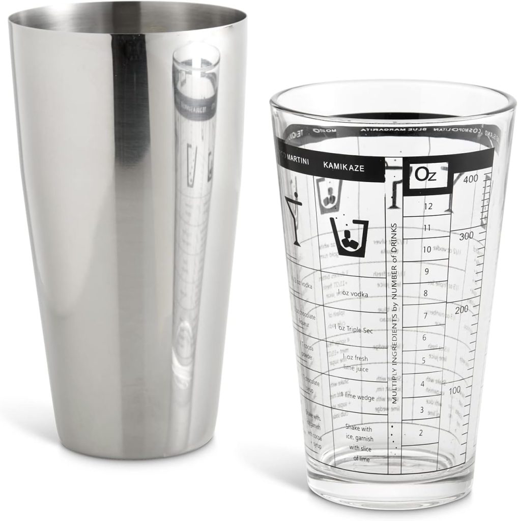 HIC Kitchen Bar Boston Cocktail Shaker and Mixer Glass Set with 7 Printed Recipes, Borosilicate Glass and 18/8 Stainless Steel