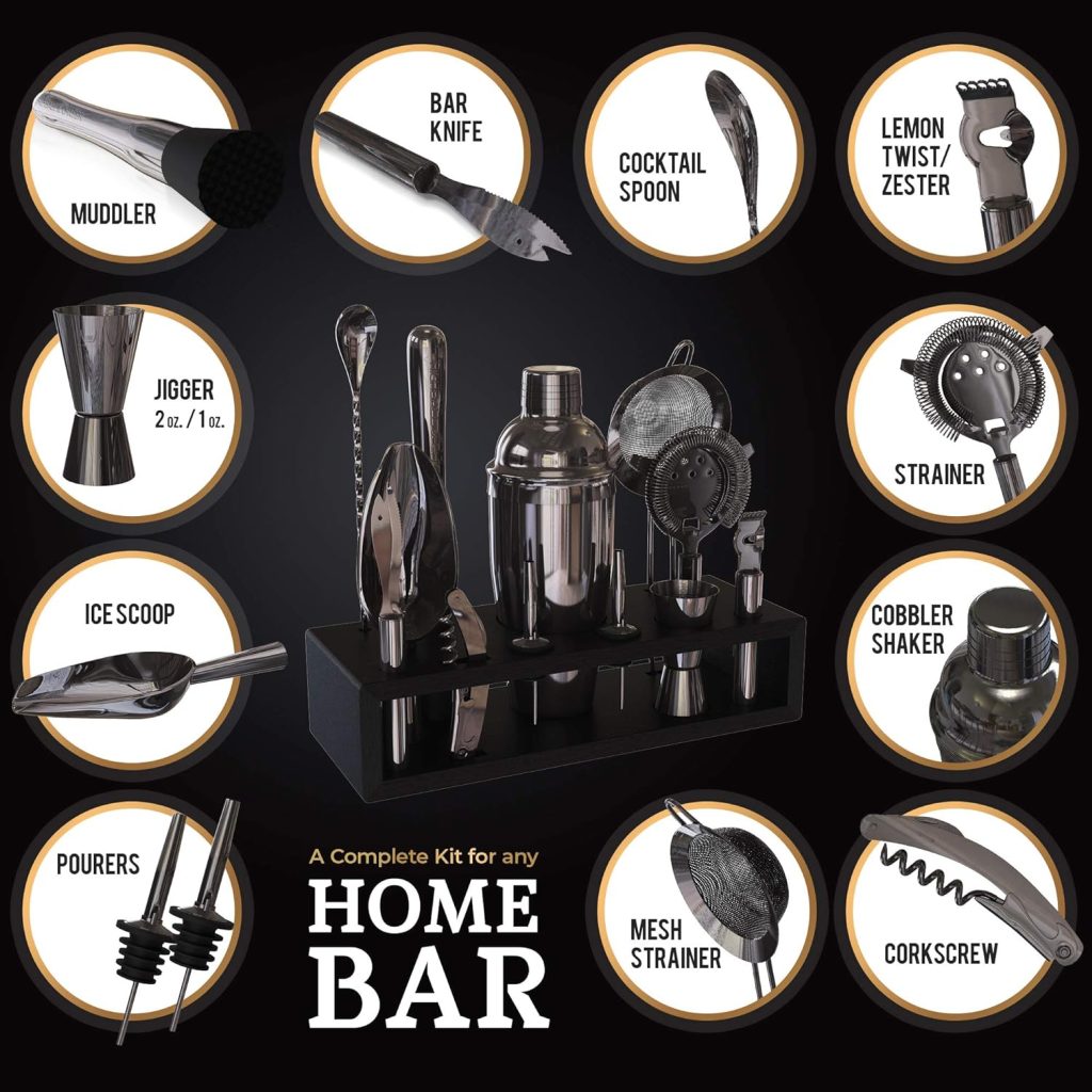 Highball  Chaser 13-Piece Cobbler Cocktail Shaker Set Stainless Steel Mixology Bartender Kit With Stand For Home Bar Cocktail Set | Laser Engraved Cocktail Tools | Plus Ebook with 30 Cocktail Recipes