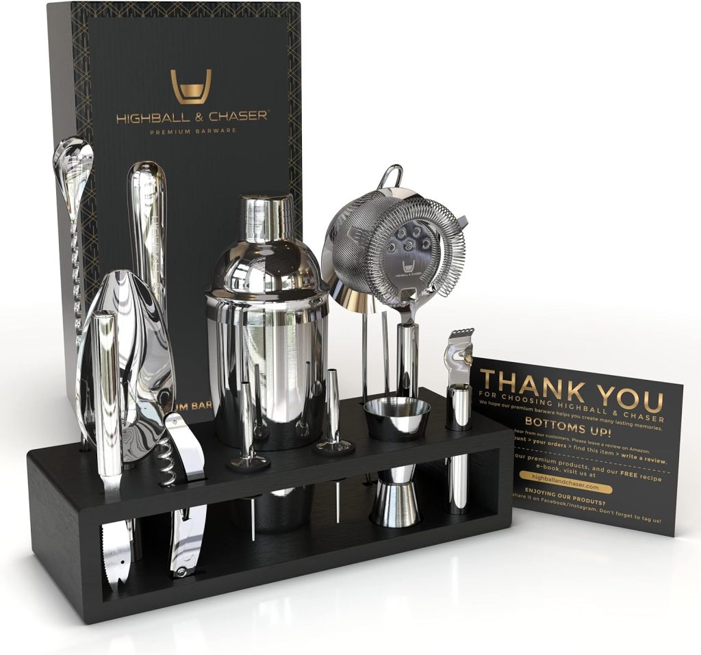 Highball  Chaser 13-Piece Cobbler Cocktail Shaker Set Stainless Steel Mixology Bartender Kit With Stand For Home Bar Cocktail Set | Laser Engraved Cocktail Tools | Plus Ebook with 30 Cocktail Recipes