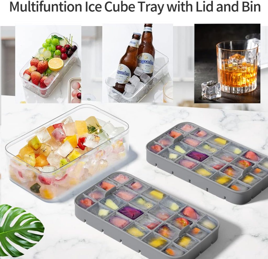 Ice Cube Tray with Lid and Bin, ROTTAY Ice Trays for Freezer, Easy-release 48 Small Nugget Silicone Ice maker with Ice Bucket, Ice Cube Storage Container Set for Chilled Drink, Cocktail,Gray…