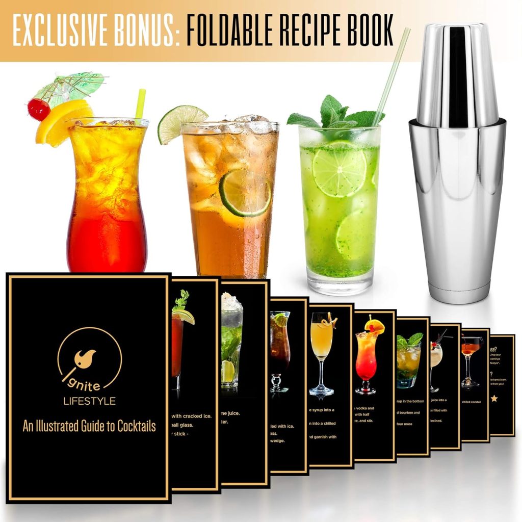 Ignite Lifestyle Boston Cocktail Shaker - Professional Grade Unweighted 18oz  Weighted 28oz Boston Shaker Set + Recipes Book - Martini Shaker - Easy to Clean Bartender Kit - Drink Shaker/Drink Mixer