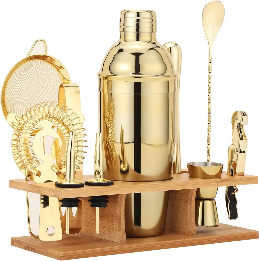 JNWINOG Shakers Bartending, 11Pcs-Cocktail Shaker Set Gold Drink Mixer with 25oz Martini Shaker,Muddler,Bar Spoon and More Professional for Home and Bartender.(Gold)