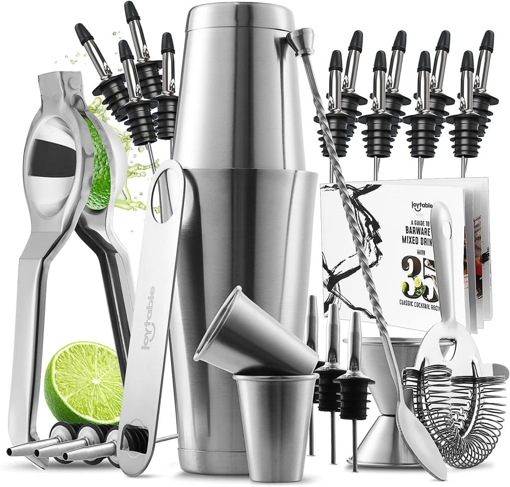 JoyTable Bar Set Cocktail Shaker Set, Stainless Steel Mixology Bartender Kit, 28PC Cocktail Kit, Silver Cocktail Set, Bar Tools: 30oz Martini Shaker, Muddler, Bar Kit Cocktail Book, Jigger and Pourers