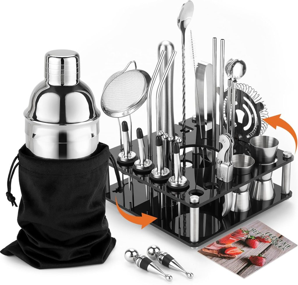 KINGROW Mixology Cocktail Shaker Set - Complete 29-Piece Bartender Kit and Bar Tools with Acrylic Rotating Stand, Professional Bar Set for Drink Mixing, Home, Bar, Party (Sliver)