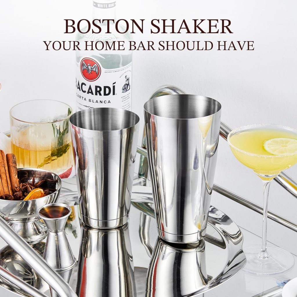 KITESSENSU Boston Cocktail Shaker Set, 4-Piece Boston Shaker Tins Bartender Kit with 18oz  28oz Mixed Drink Shaker, Hawthorne Strainer, Double Measuring Jigger, Cocktail Recipe Cards Included