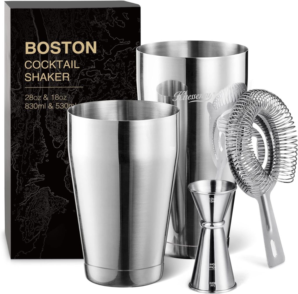 KITESSENSU Boston Cocktail Shaker Set, 4-Piece Boston Shaker Tins Bartender Kit with 18oz  28oz Mixed Drink Shaker, Hawthorne Strainer, Double Measuring Jigger, Cocktail Recipe Cards Included