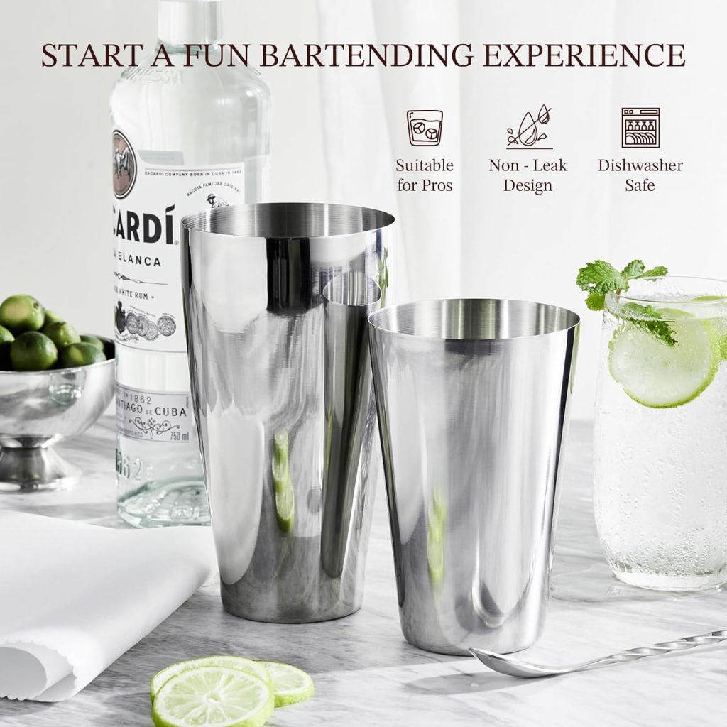 KITESSENSU Cocktail Shaker Set, 2-Piece Boston Shaker Set with Weighted 28oz  Unweighted 18oz Shaking Tins, 18/8 Stainless Steel Martini Shaker for Bartending and Home Bar, Recipes Booklet Included