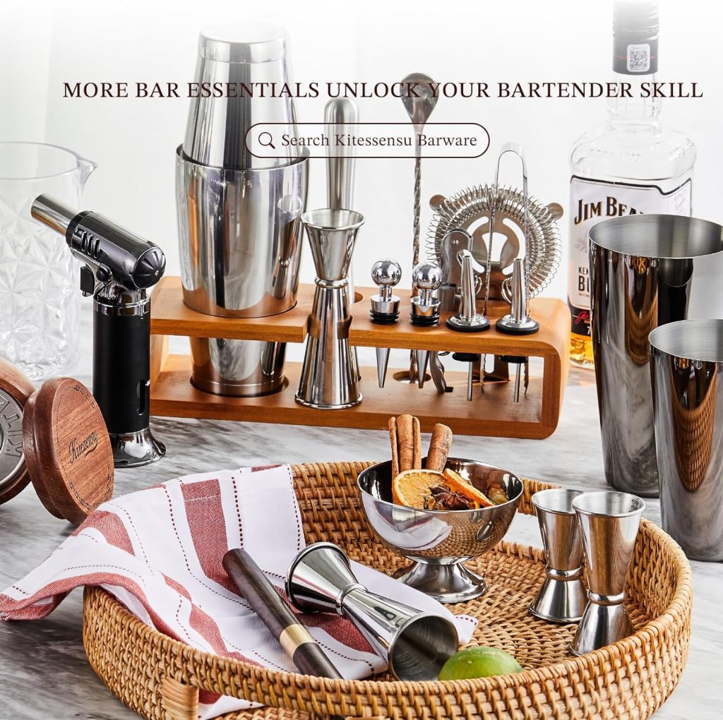 KITESSENSU Mixology Bartender Kit Bar Tool Set | 5-Piece Bar Cart Accessories with Walnut Base: Muddler, Jigger, Bar Spoon, Opener, Strainer| Vintage Bar Sets for Home Bartending | Gift for Him  Her