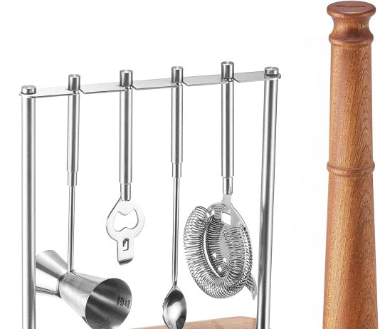 kitessensu mixology bartender kit bar tool set 5 piece bar cart accessories with walnut base muddler jigger bar spoon op