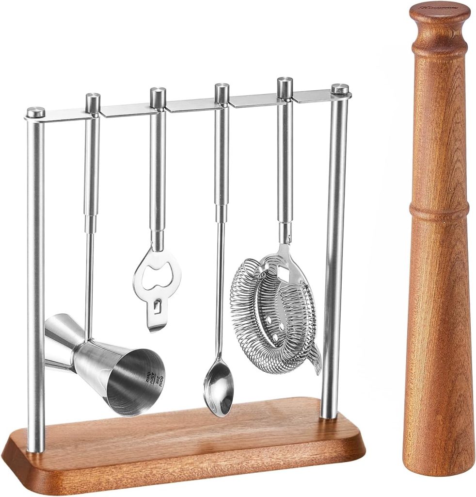 KITESSENSU Mixology Bartender Kit Bar Tool Set | 5-Piece Bar Cart Accessories with Walnut Base: Muddler, Jigger, Bar Spoon, Opener, Strainer| Vintage Bar Sets for Home Bartending | Gift for Him  Her