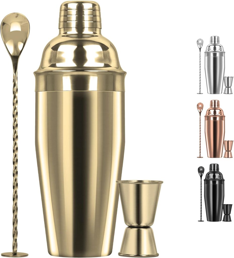 Large 24oz Cocktail Shaker Set, Stainless Steel 18/8 Martini Mixer Shaker with Built-in Strainer, Measuring Jigger  Mixing Spoon, Martini Shaker Set, Perfect for Bartender and Home Use, Gold