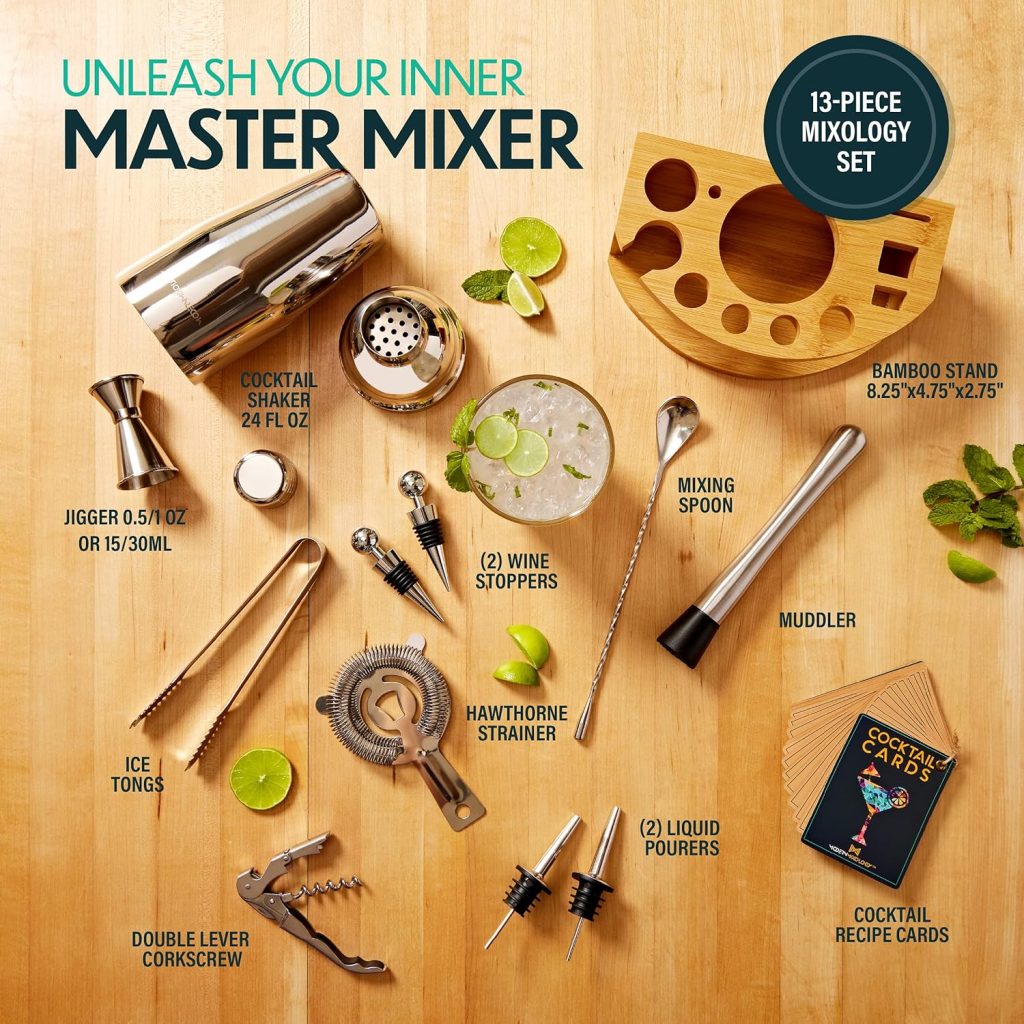 Mixology Bartender Kit: 13-Piece Bar Tool Set with Circular Bamboo Stand | Perfect Home Bartending Kit and Martini Cocktail Shaker Set | Gifts for Men