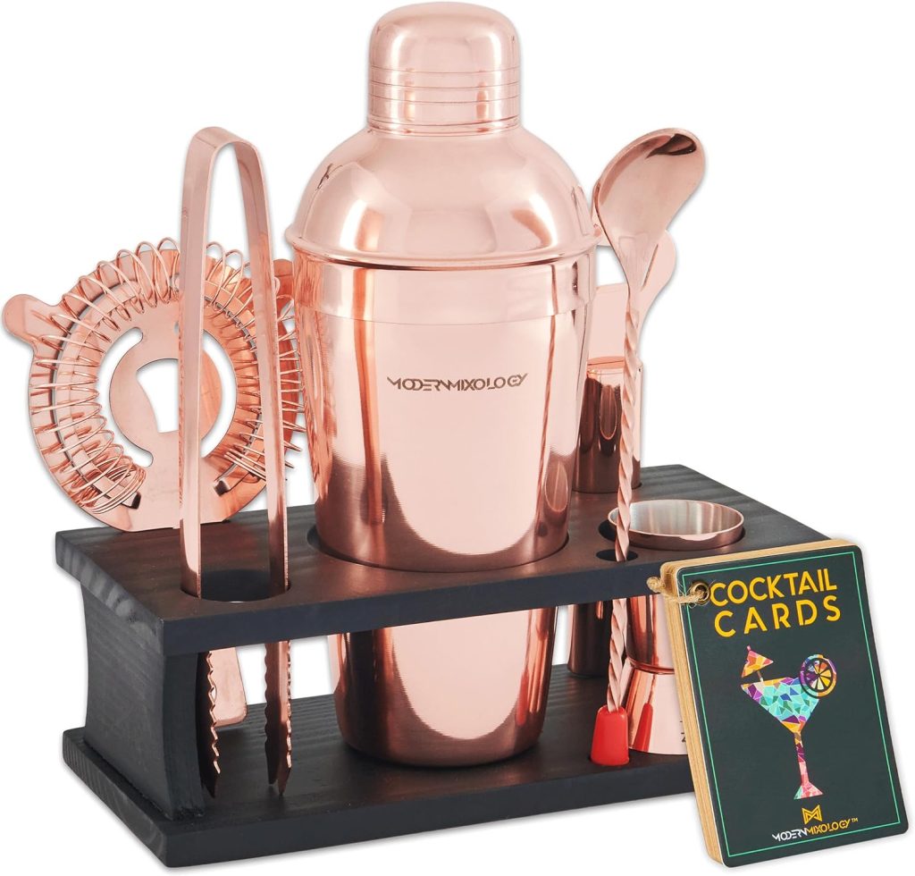 Mixology Bartender Kit - 8-Piece Black Matte Cocktail Shaker Set with Black Pine Wood Stand, Recipe Cards, and Bar Accessories Ideas