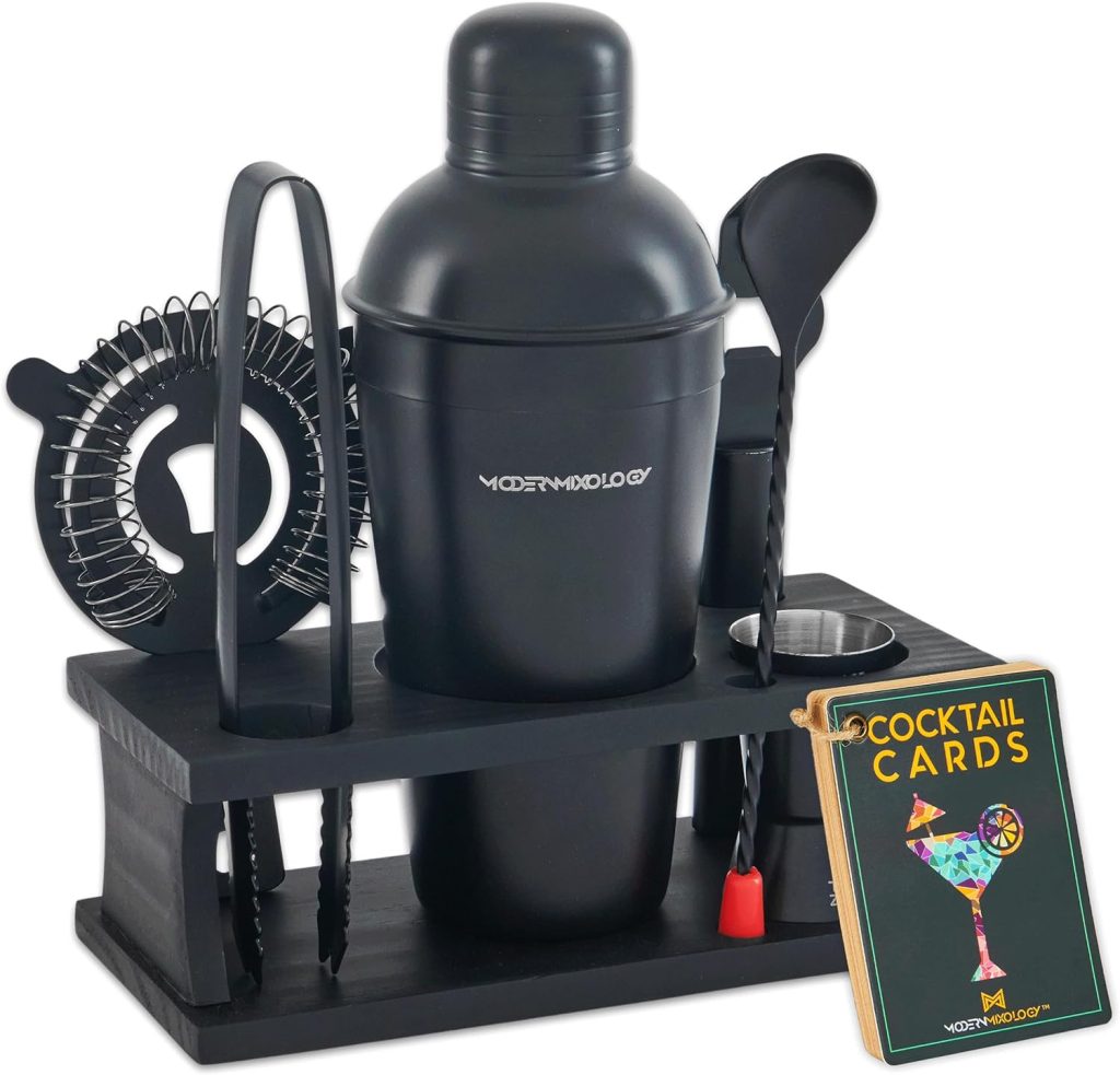 Mixology Bartender Kit - 8-Piece Black Matte Cocktail Shaker Set with Black Pine Wood Stand, Recipe Cards, and Bar Accessories Ideas