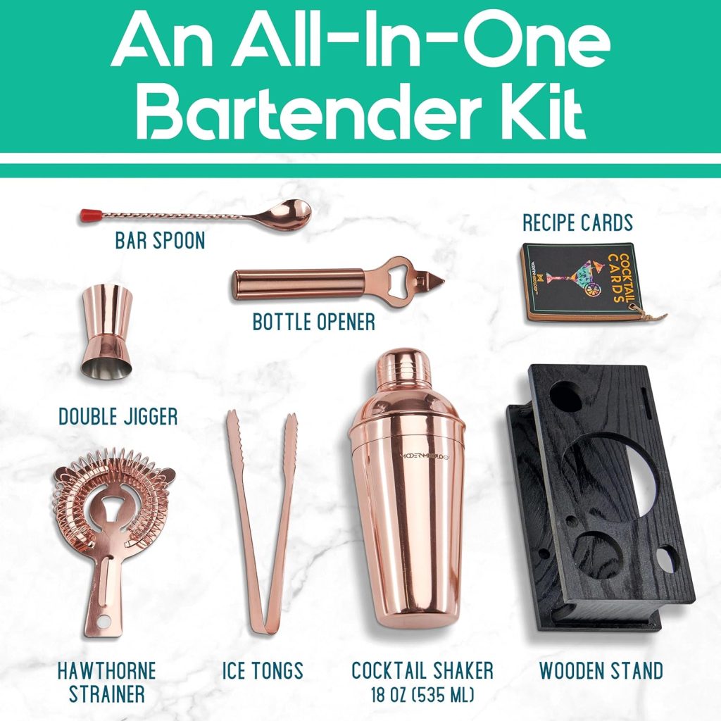 Mixology Bartender Kit - 8-Piece Black Matte Cocktail Shaker Set with Black Pine Wood Stand, Recipe Cards, and Bar Accessories Ideas