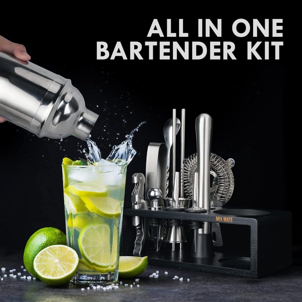 Mixology Bartender Kit with Stand - 15 Piece Bar Tool Set, Silver Bar Set Cocktail Shaker Set for Drink Mixing - Includes Martini Shaker, Jigger, Strainer, Bar Mixer Spoon, Tongs, Opener | Gift Idea