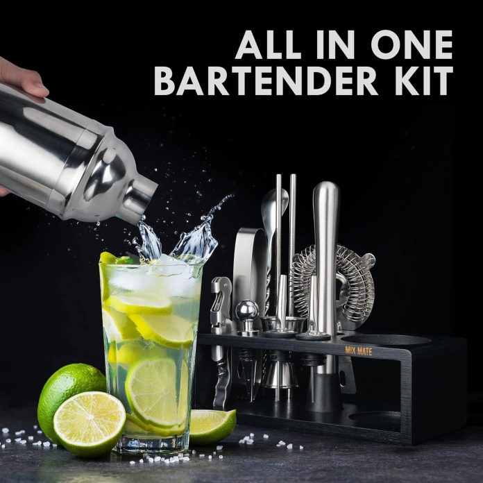 mixology bartender kit with stand 15 piece bar tool set silver bar set cocktail shaker set for drink mixing includes mar 2