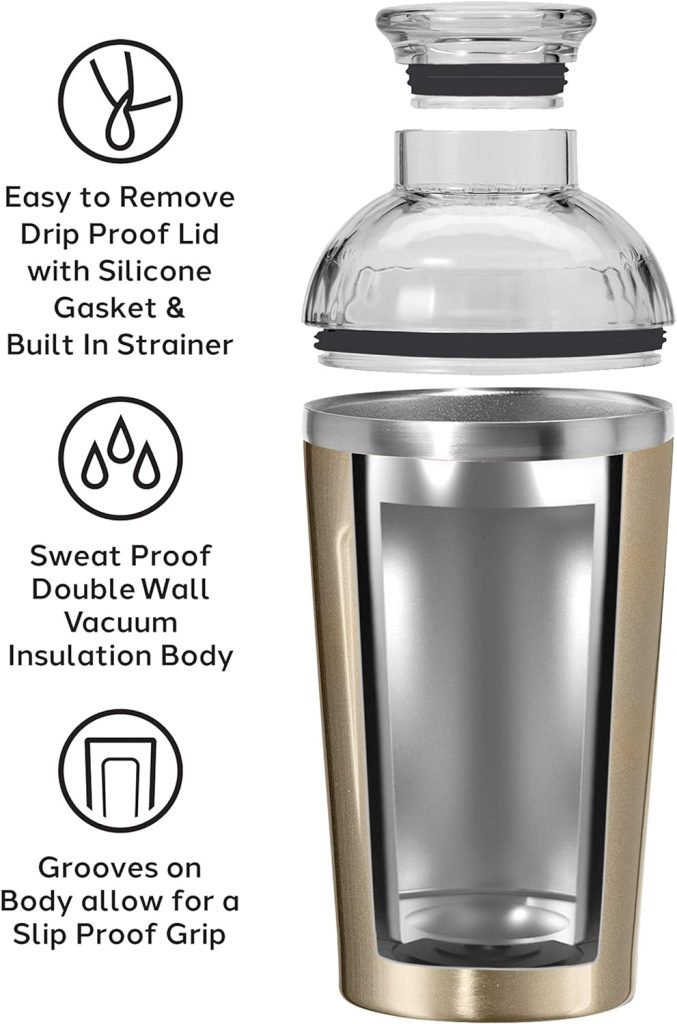 OGGI Groove Insulated Cocktail Shaker-16oz Double Wall Vacuum Insulated Stainless Steel Shaker, Tritan Lid has Built In Strainer, Ideal Cocktail Mixer, Martini Shaker, Margarita Shaker, Charcoal