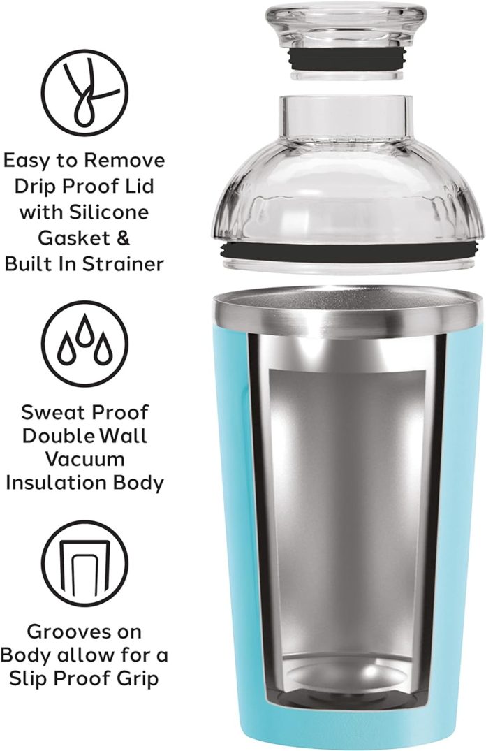 oggi groove insulated cocktail shaker 16oz double wall vacuum insulated stainless steel shaker tritan lid has built in s 4