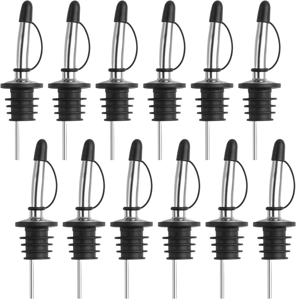 Pour Spout for Liquor Bottles - Vaincre 12 Pack Liquor Pour Spout, Pour Spouts with Rubber Dust Caps, Stainless Steel Tapered Speed Wine Pourers, Good As Olive Oil Spout, Bar Bartender Accessories