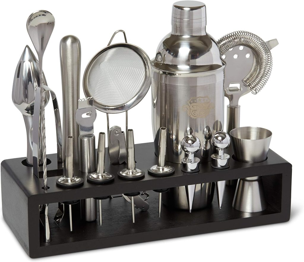 Professional Bartender Kit and Cocktail Shaker Set with Stand - 17 Piece Stainless Steel Home Bar Accessories with Modern Bamboo Stand for Mixology Bartending and Drink Mixing (Black)