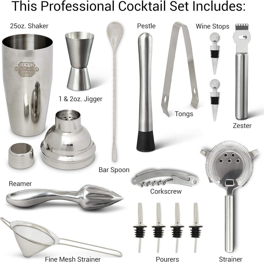 Professional Bartender Kit and Cocktail Shaker Set with Stand - 17 Piece Stainless Steel Home Bar Accessories with Modern Bamboo Stand for Mixology Bartending and Drink Mixing (Black)