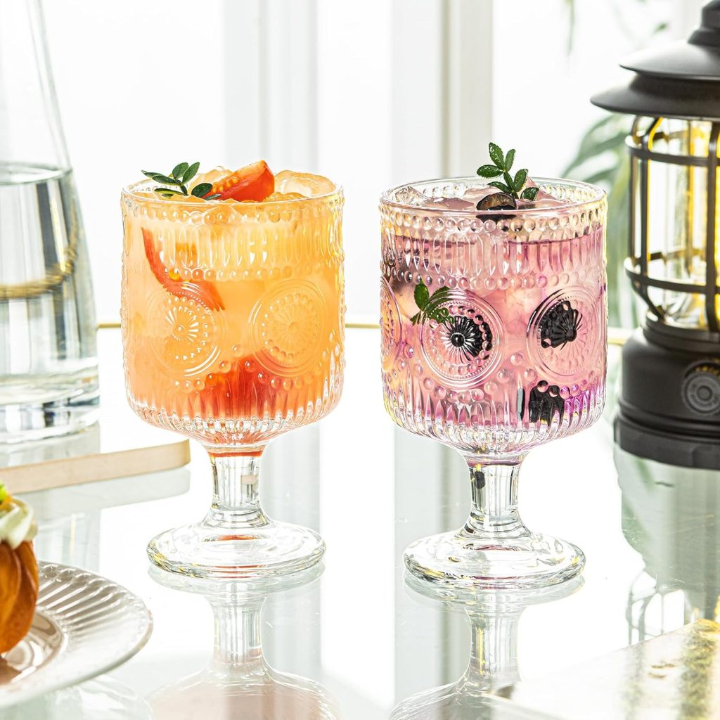 Romantic Vintage Goblet Glasses of 4, Charming Vintage Embossed Floral Decorative Glass Cups Set, Mixed Drink Glasses, for Bars, Restaurants, Party, and Elegant Dinners, 8 oz Wine Glasses