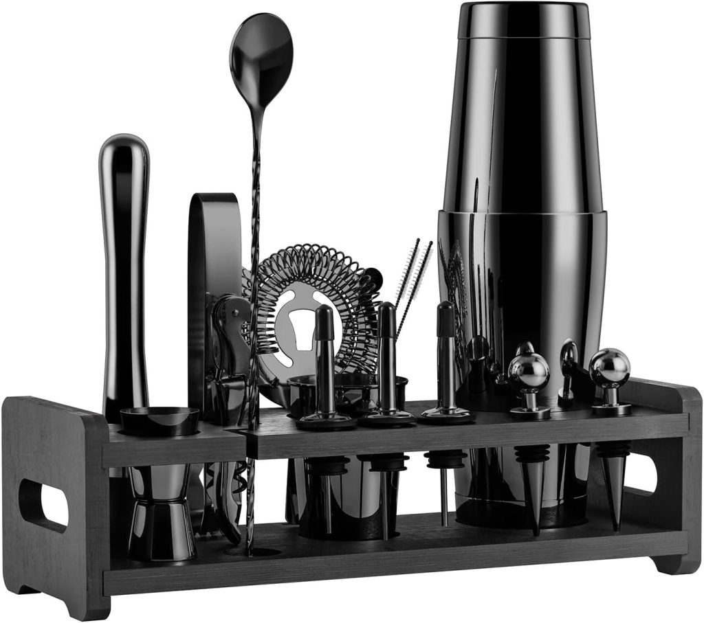 Soing 24-Piece Cocktail Shaker Set,Perfect Home Bartender Kit for Drink Mixing,Stainless Steel Bar Tools With Stand,Velvet Carry Bag  Recipes Cards Included (Black)