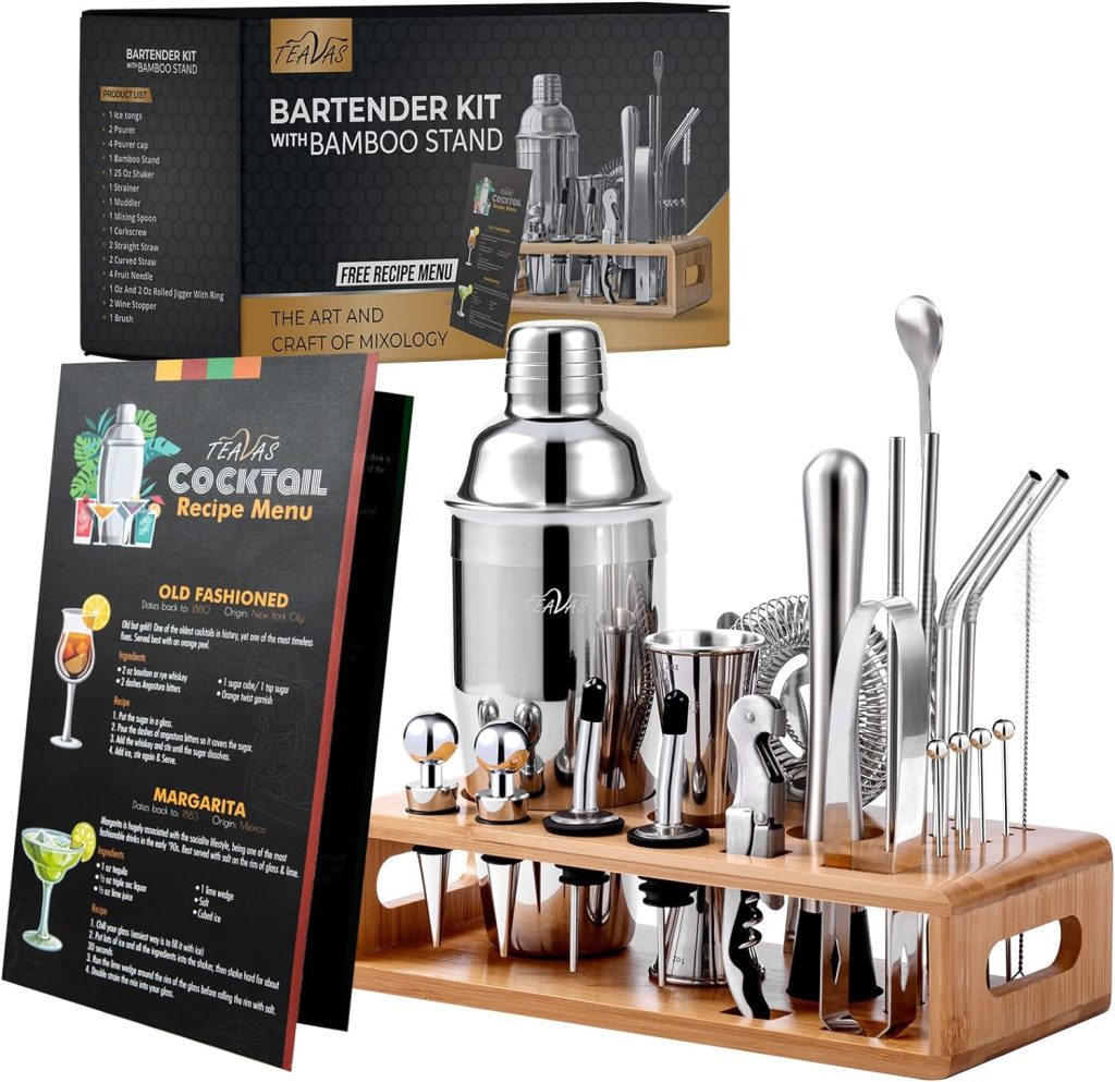 TEAVAS Mixology Bartender Kit with Japanese Jigger Stand - 25 Piece Stainless Steel Cocktail Making Set with Shaker, Strainer, Mixer, Spoon, Muddler - Valentines Day Gifts for Home Bars Bartending