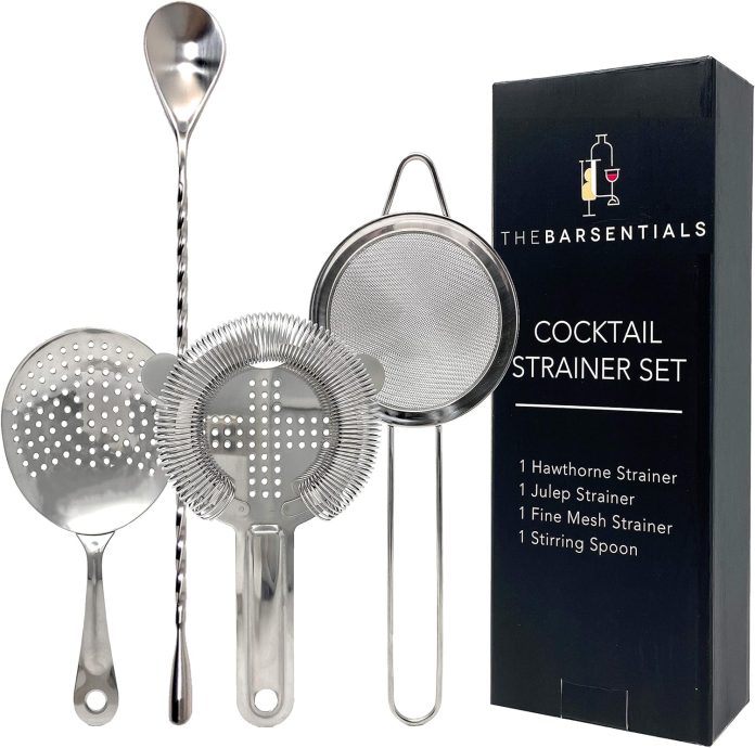 thebarsentials cocktail strainer set stainless steel bar tool with stirring spoon hawthorne strainer julep strainer fine