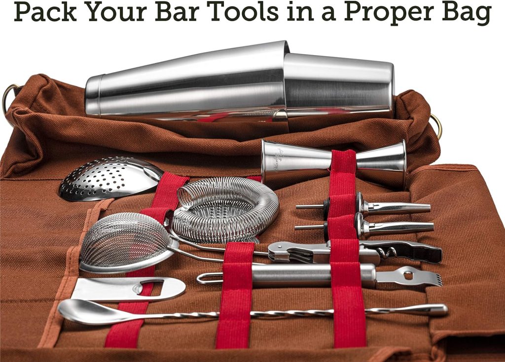 Travel Bartender Kit Bag | Professional 17-piece Copper Bar Tool Set with Portable Bar Bag and Shoulder Strap for Easy Carry and Storage | Best Travel Bar Set for Home Cocktail Making, Work, Parties