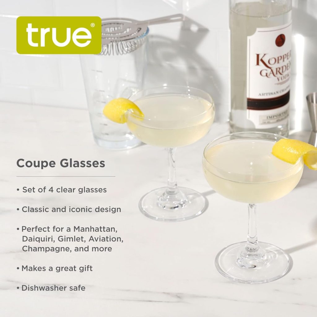 True Coupe Cocktail Glasses, Barware Drinking Glasses, Martini Daiquiri Manhattan, Coupe Glasses Set of 4, Clear