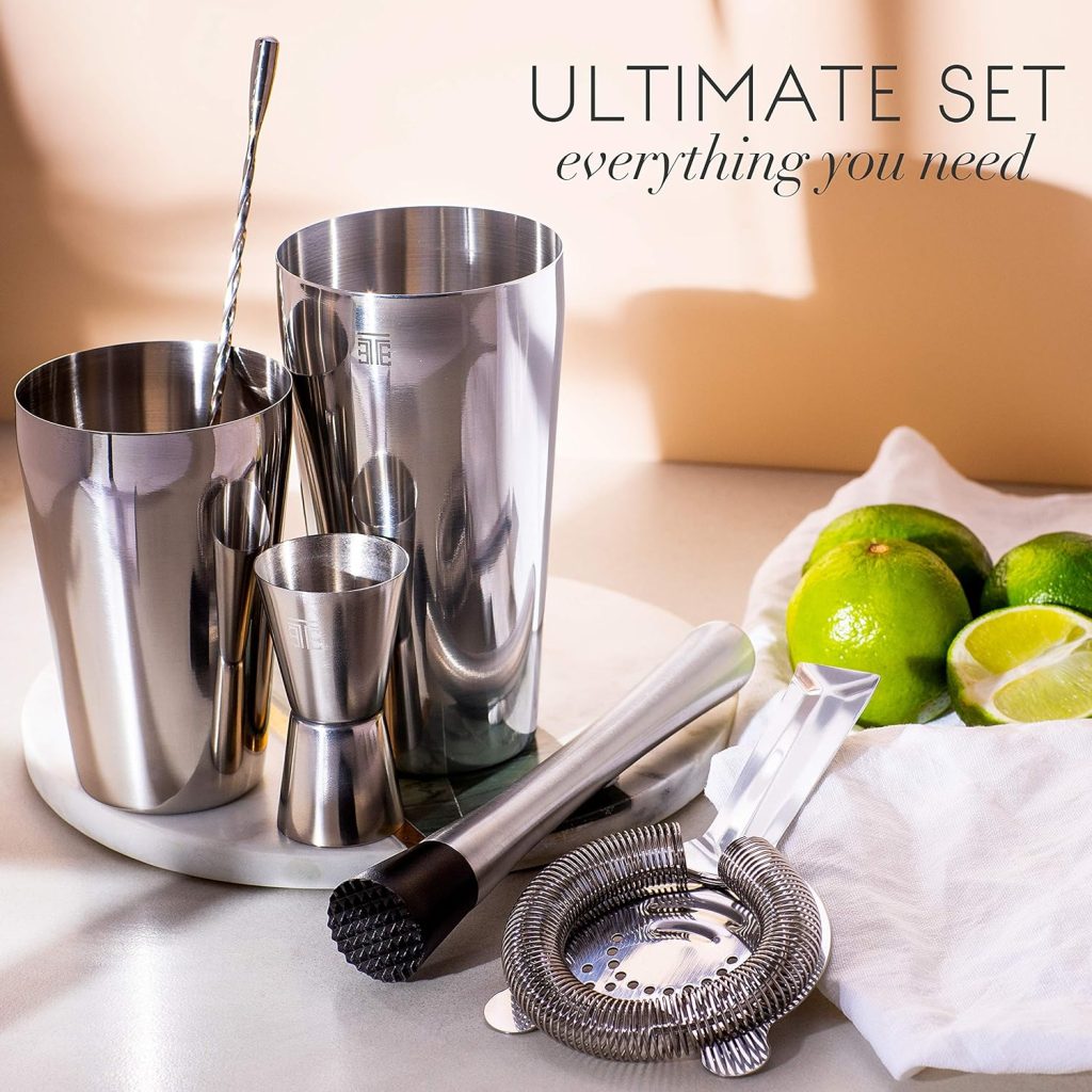 Twice Element Cocktail Shaker Set - Boston Style Shaker Kit with: Elegant Gift Box, Storage Pouch, Recipe Book and All Essential Drink Accessories | Great Gift for him