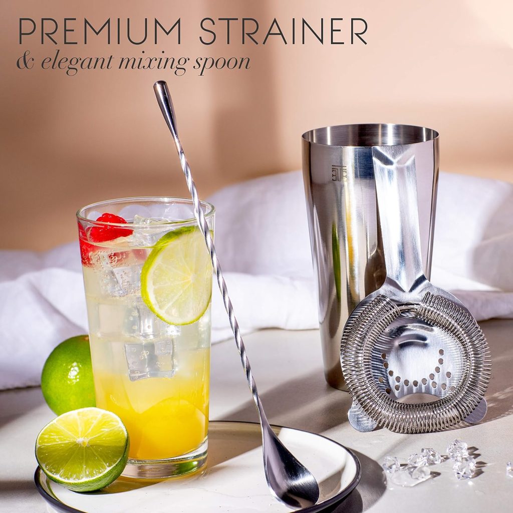 Twice Element Cocktail Shaker Set - Boston Style Shaker Kit with: Elegant Gift Box, Storage Pouch, Recipe Book and All Essential Drink Accessories | Great Gift for him