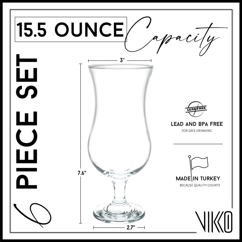 Vikko Hurricane Glasses, Set of 4 Pina Colada Glasses, 13.25 Ounce Cocktails Glasses Set, Durable Dishwasher Safe Party Glass