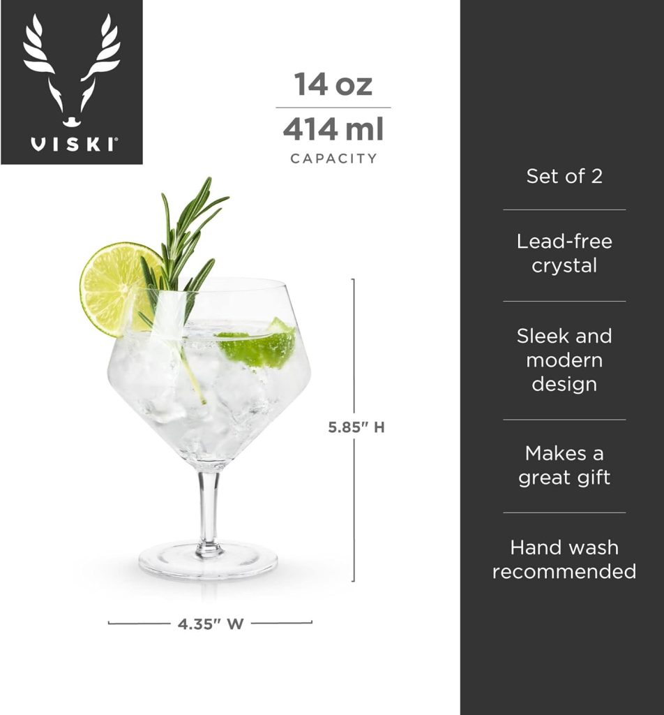 Viski Angled Stemmed Gin  Tonic Glasses, Highball glasses, Cocktail Glasses, Vodka Tonic Glasses, Gin Glasses for Gin Lovers Gift set of 2, 14oz, Clear