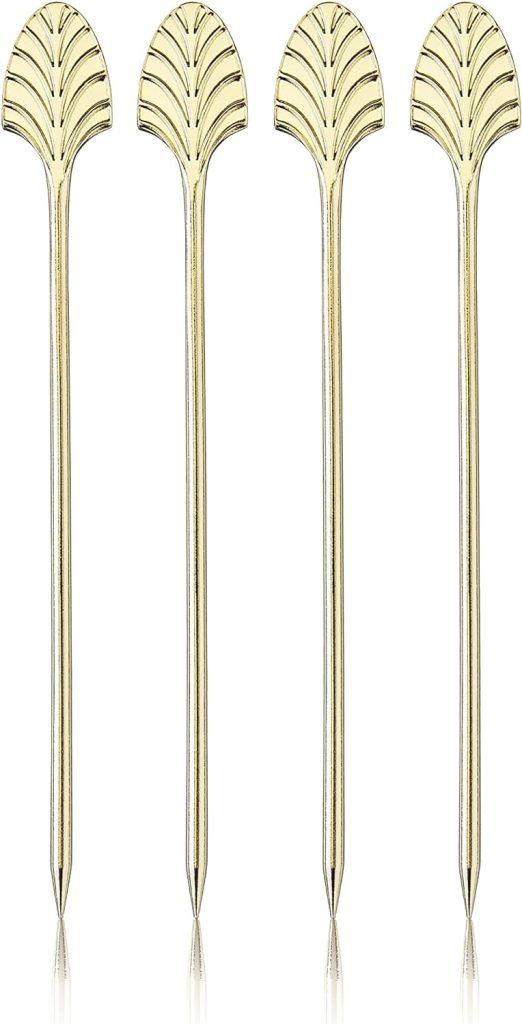 Viski Gold Art Deco Cocktail Picks, Stainless Steel Cocktail Picks for Drinks, Garnish Picks, Cocktail Skewers, Barware Accessories, 5in, Set of 4