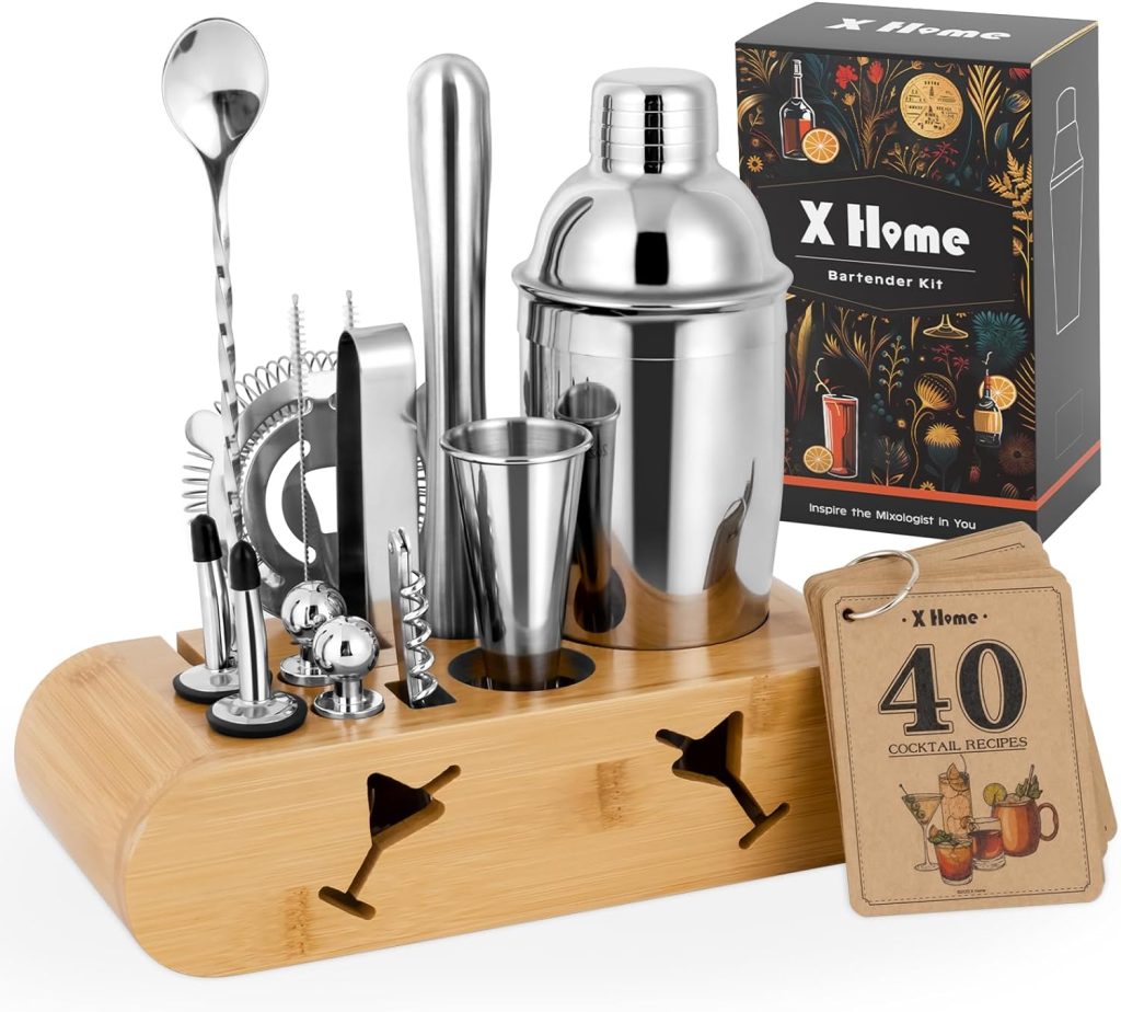 X Home Bartender Kit, 15-Piece Cocktail Shaker Set for Beginners and Enthusiasts, Deluxe Mixology Kit with Creative Stand and 40 Recipes, Unique Gift Idea