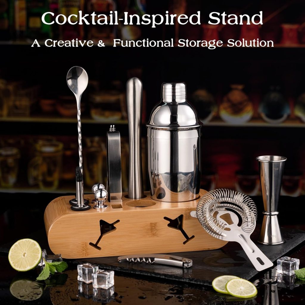 X Home Bartender Kit, 15-Piece Cocktail Shaker Set for Beginners and Enthusiasts, Deluxe Mixology Kit with Creative Stand and 40 Recipes, Unique Gift Idea